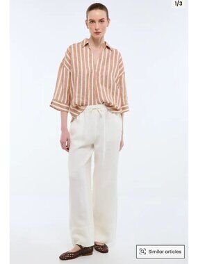 Monoprix Premium Ecru Wide-Leg 100% European Linen Trousers Size XL